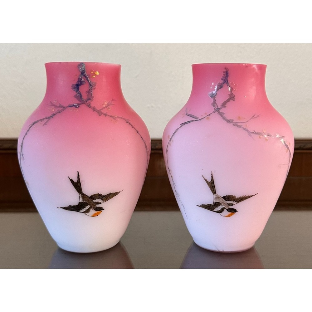 2 Antique Victorian MT WASHINGTON Satin Pink Quilted Cased Glass Vase Bird Vines